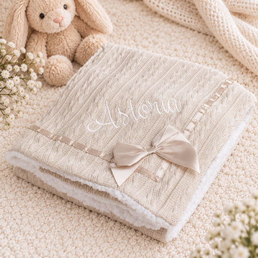 A folded cream-colored baby blanket with a textured cable knit top, soft fleece lining, a satin bow, and the name 'Astoria' embroidered in white script. The blanket is styled on a matching cream textured blanket with a plush bunny and small white flowers.
