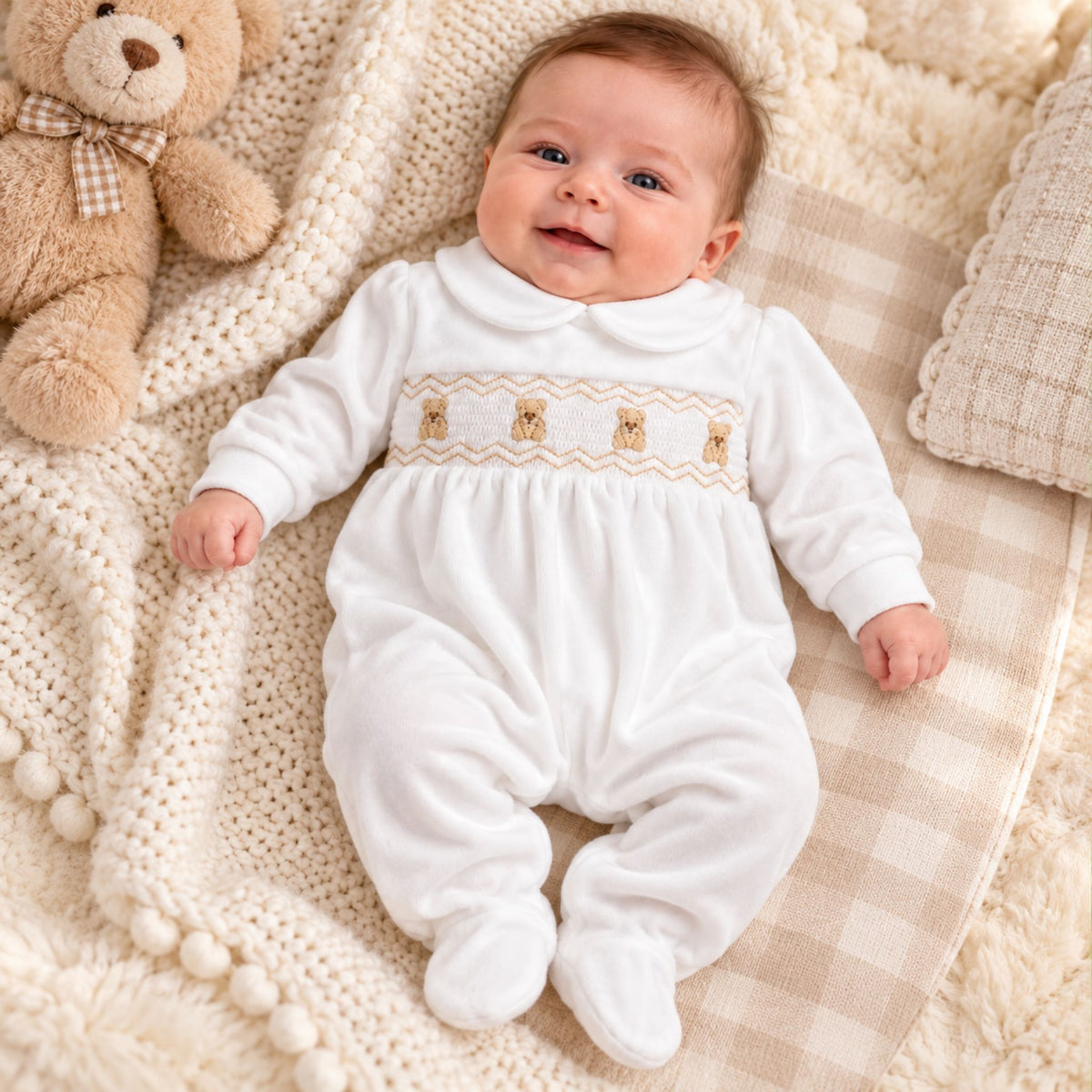 white velour sleepsuit with smocking