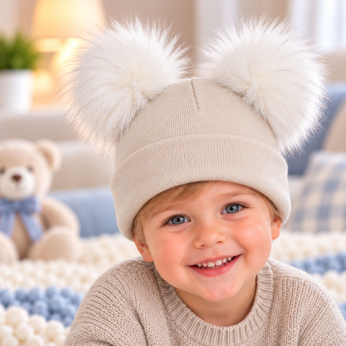todler boy in beige double pom hat