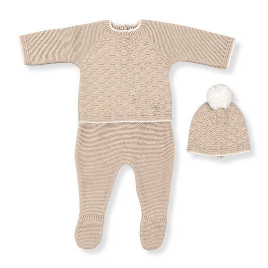 beige 3 piece knitted baby outfit in a spanish style with hat