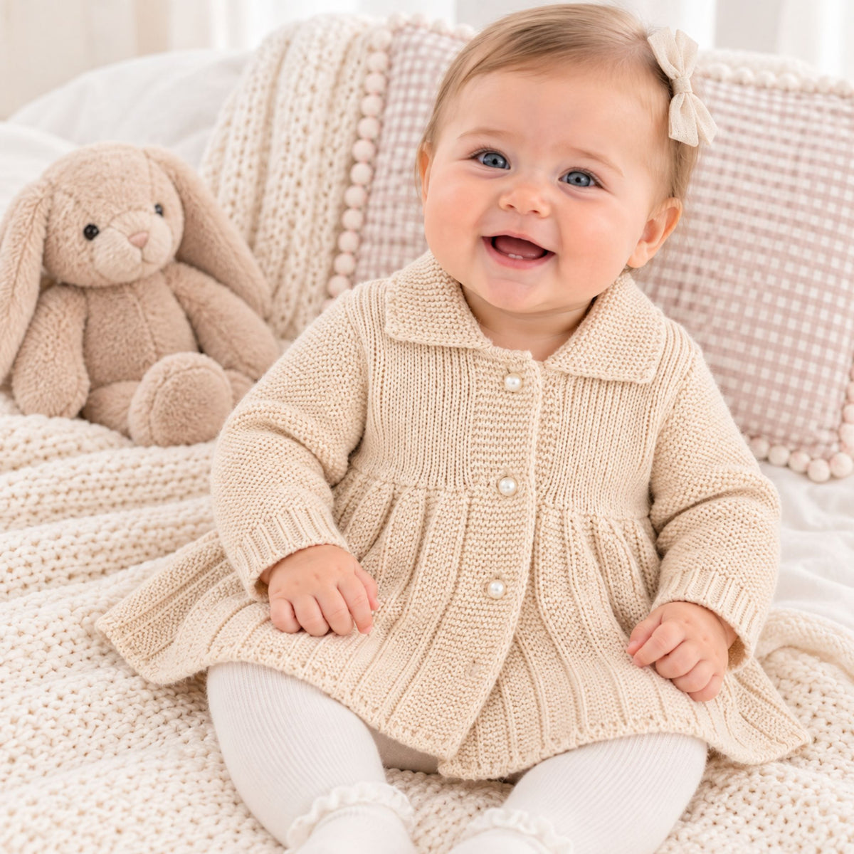 A baby girl wearing a beige-colored knitted cardigan dress with white tights, sitting on a cozy knit blanket next to a plush bunny toy.