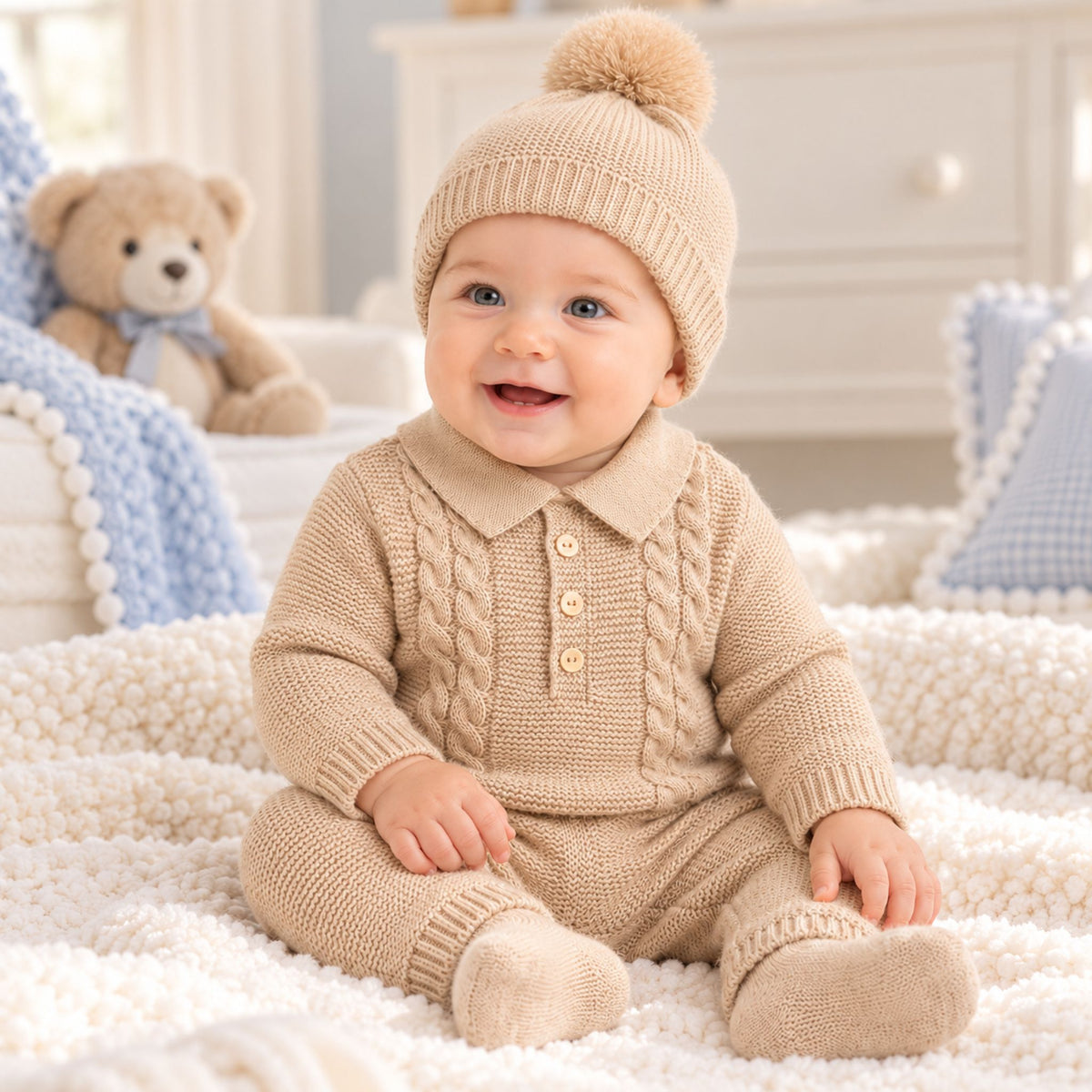 Baby Boys Beige Knitted 3 Piece Outfit with Pom Pom Hat – Kleo Kids