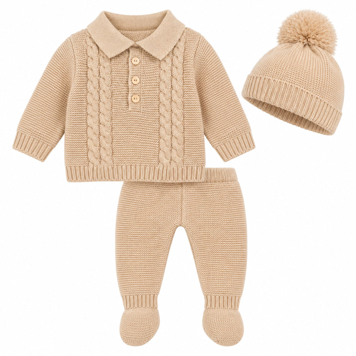 Baby Boys Beige Knitted 3 Piece Outfit with Pom Pom Hat – Kleo Kids