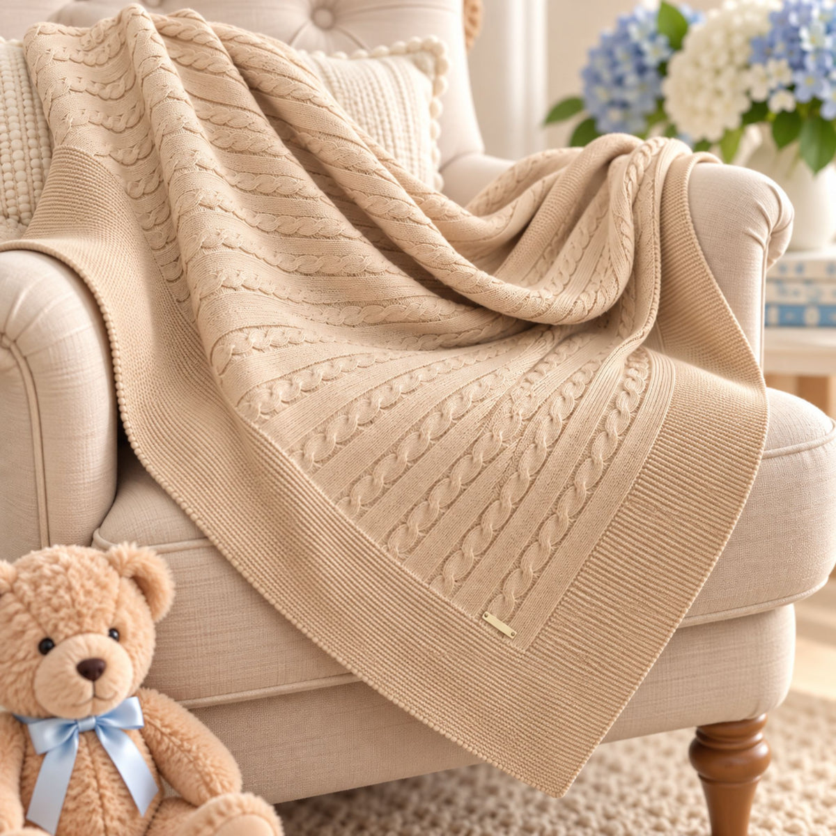 Beige Cable Knit Baby Shawl Blanket 100 x 100cm – Made in Portugal