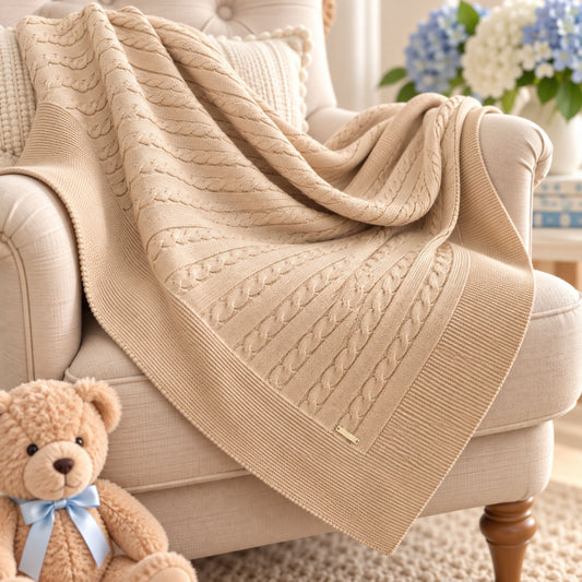Beige Cable Knit Baby Shawl Blanket 100 x 100cm – Made in Portugal