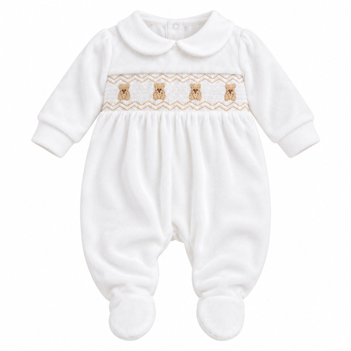 Baby Unisex White Teddy Bear Smocked Velour Sleepsuit – Kleo Kids