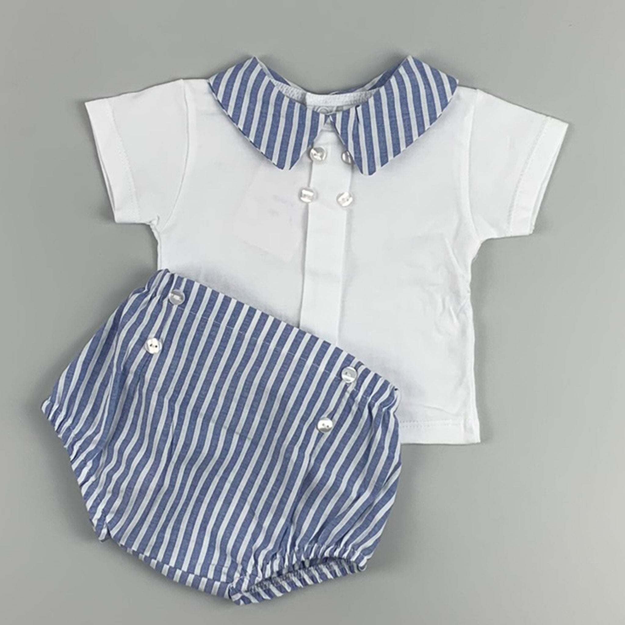 Baby Boys Mid Blue Striped Jam Pants with White Shirt