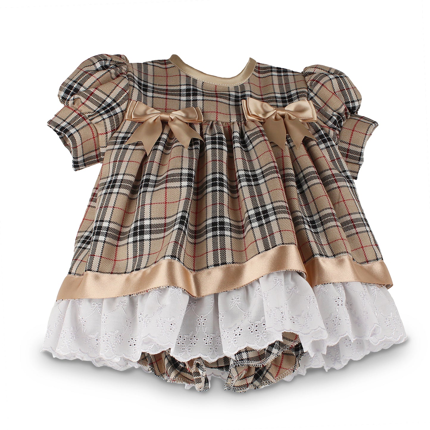 A baby girl's tartan dress with puff sleeves, satin bow details, a beige satin waistband, and a white eyelet ruffled hem, shown on a plain white background.