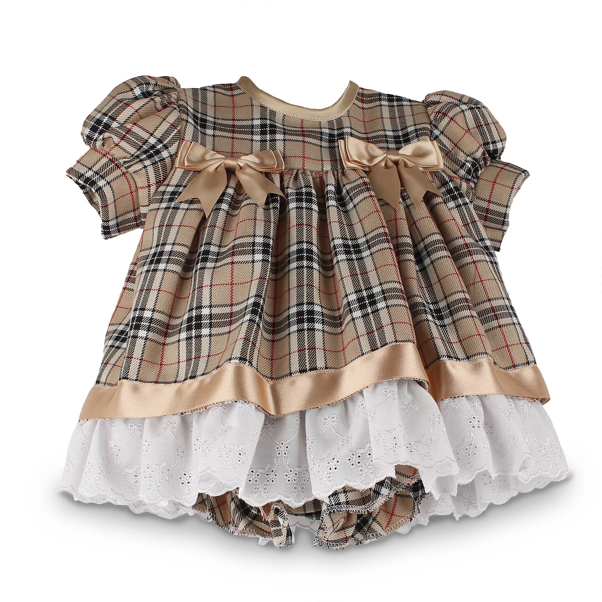A baby girl's tartan dress with puff sleeves, satin bow details, a beige satin waistband, and a white eyelet ruffled hem, shown on a plain white background.