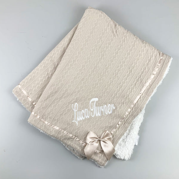 Beige Personalised Baby Blanket - Deluxe with Bow