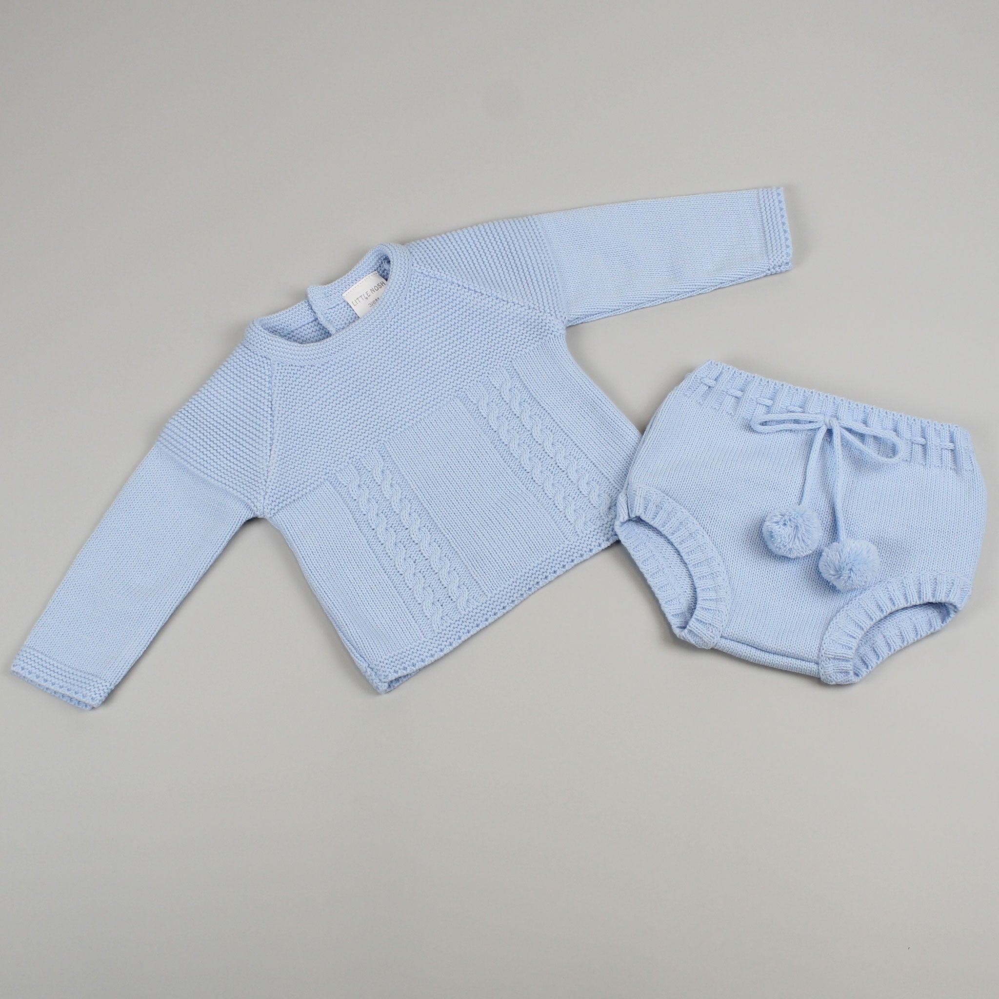 baby boys blue knitted outfit with jam pants