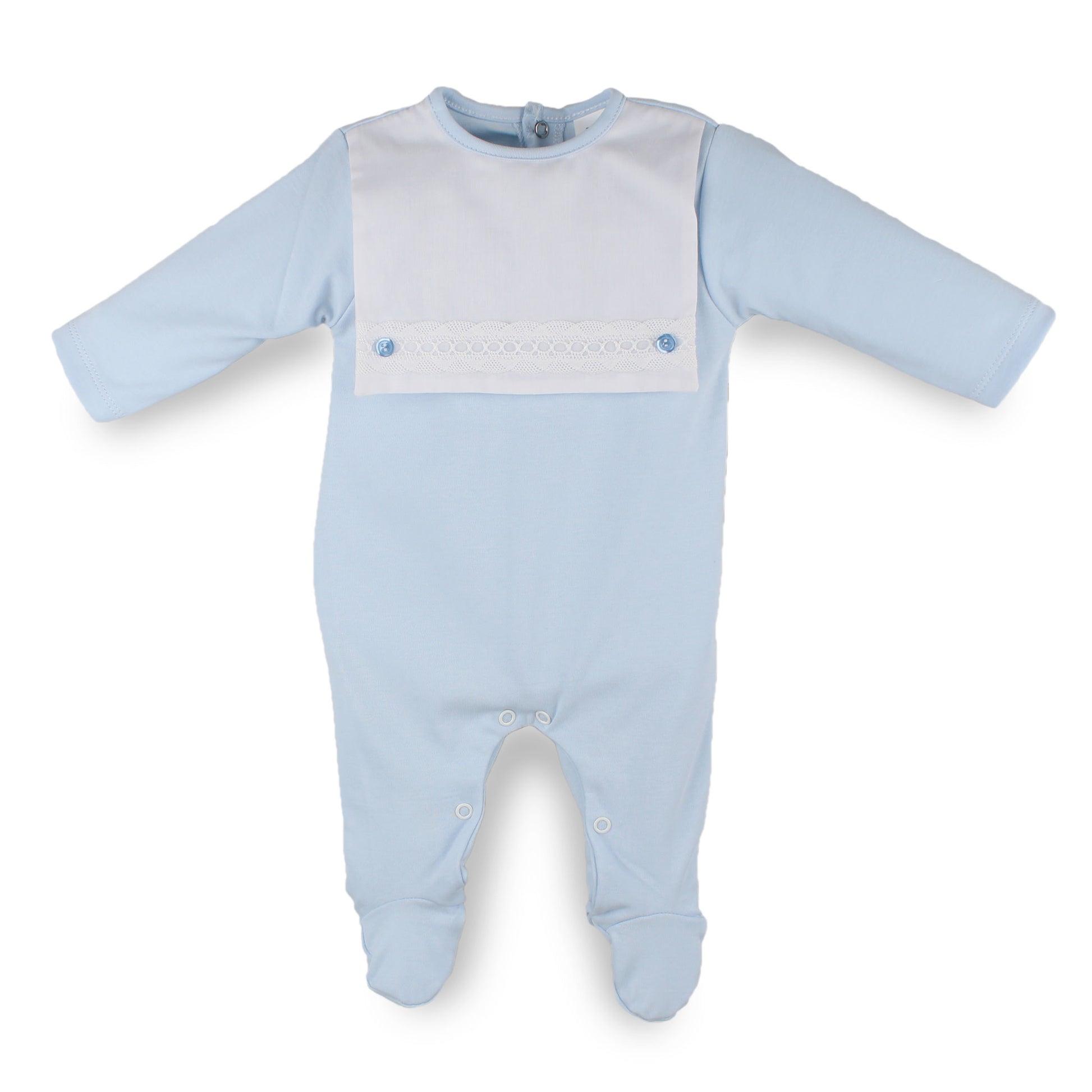 baby boys blue babygrow with bib front