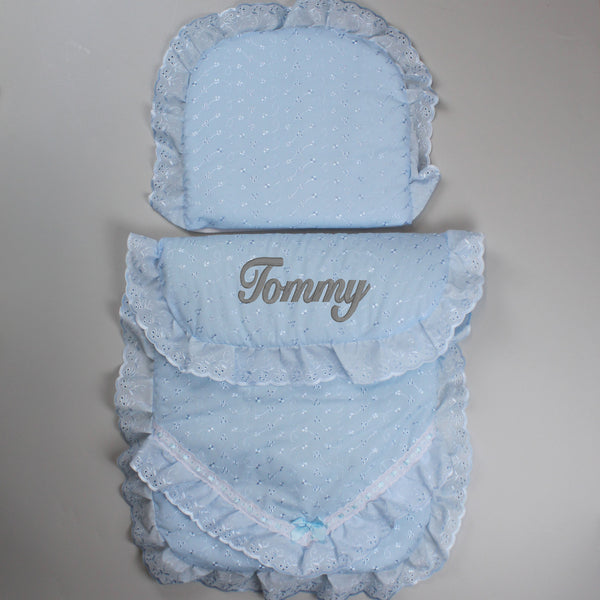 Personalised Broderie Anglaise Pram set / Quilt and Pillow - Blue