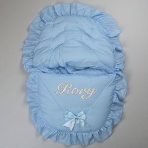 Personalised Car Seat / Cosy Toes - Blue With Blue Bow