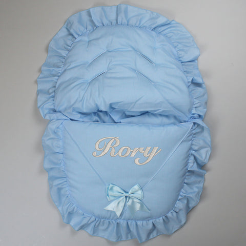Personalised Car Seat / Cosy Toes - Blue With Blue Bow