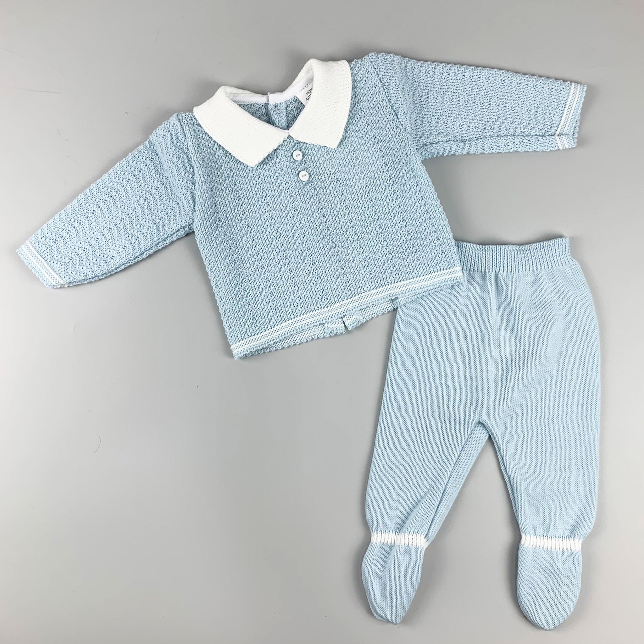 Baby Boys 2 Piece Knitted Outfit- Trousers and Top- Blue