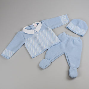 Baby Boys Blue and White Knitted Outfit - Top, Bottoms and Hat