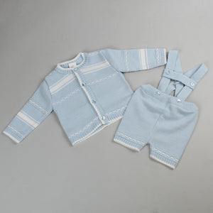 baby boys knitted blue dungarees and cardigan