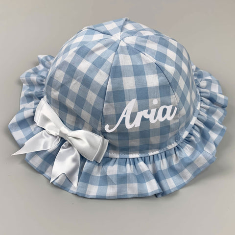 Personalised Baby Girls Sunhat - Blue Gingham with Bow