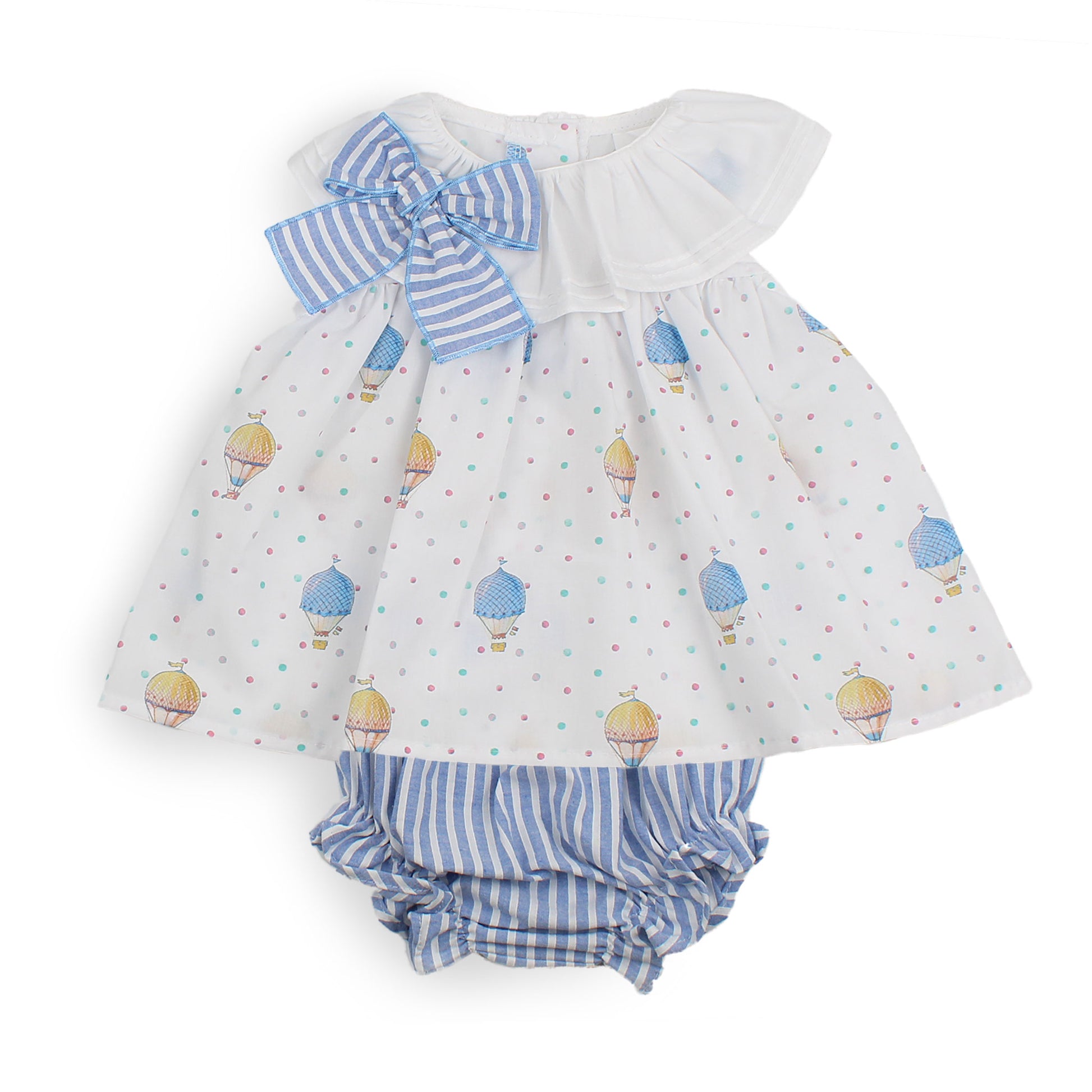 Baby dress with hot air balloon pattern and matching bloomers on a white background