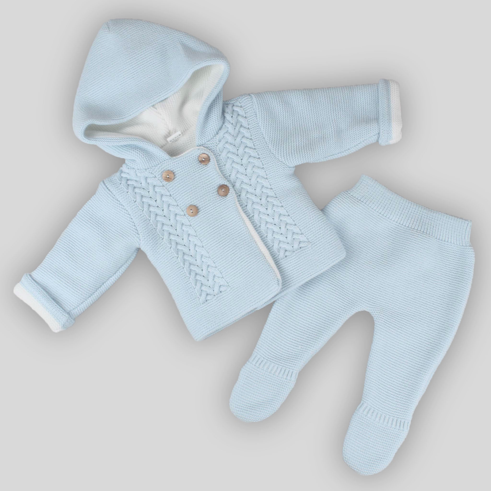 baby boys knitted blue outfit with hoodie and trousers with feet