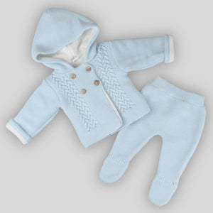 baby boys knitted blue outfit with hoodie and trousers with feet