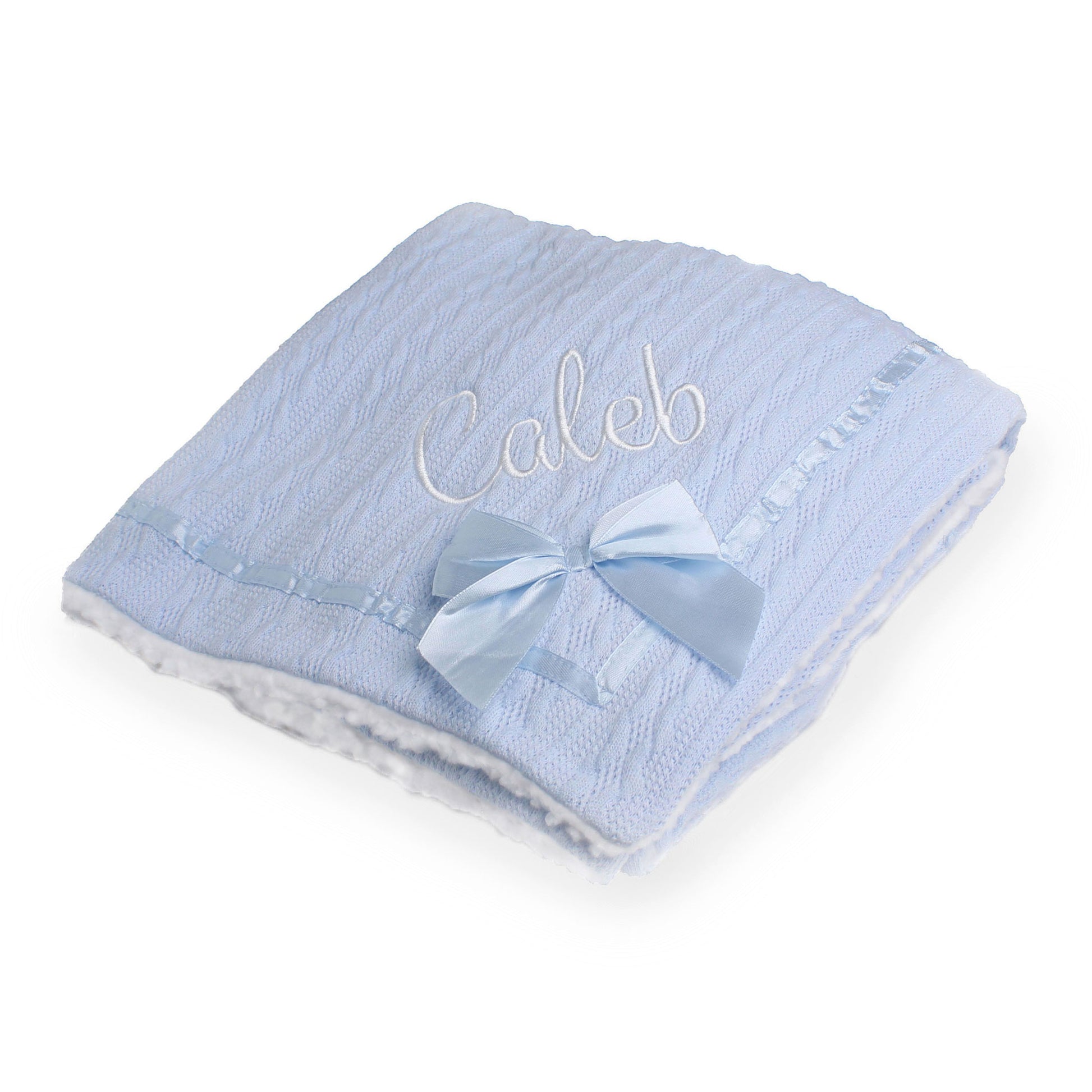 blue personalised baby blanket with bow