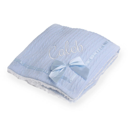 blue personalised baby blanket with bow