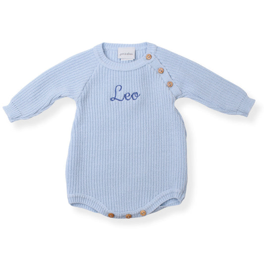 knitted baby boys blue personalised romper