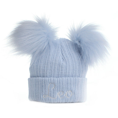 Personalised Baby Blue Double Pom Hat with Faux Fur Bobbles | Newborn & 0–6 Months