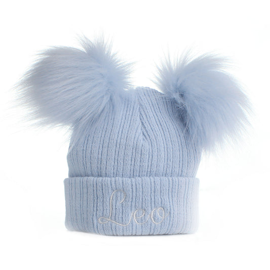 Personalised Baby Blue Double Pom Hat with Faux Fur Bobbles | Newborn & 0–6 Months