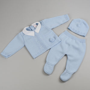 Baby Boys Blue Traditional Knitted Outfit - Top, Bottoms and Hat