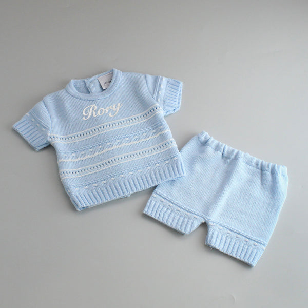 Baby Boys Personalised Blue Knitted Shorts and Top