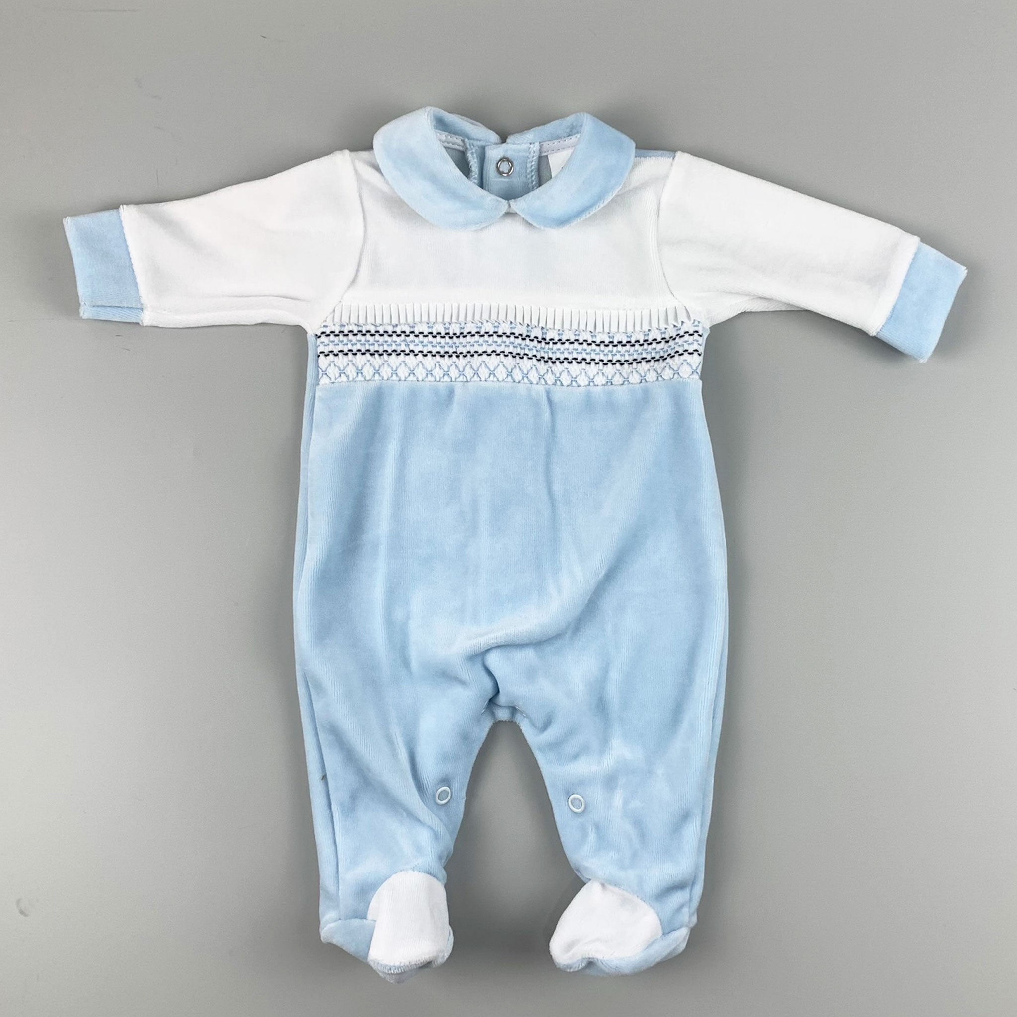 Baby Boys Velour Smocked Sleepsuit with Trim - Blue