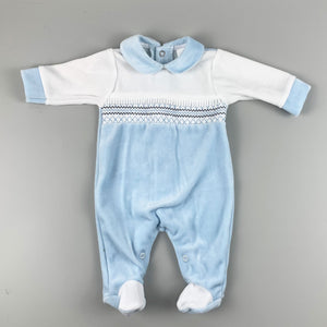 Baby Boys Velour Smocked Sleepsuit with Trim - Blue