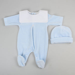 baby boys velour sleepsuit in blue with hat