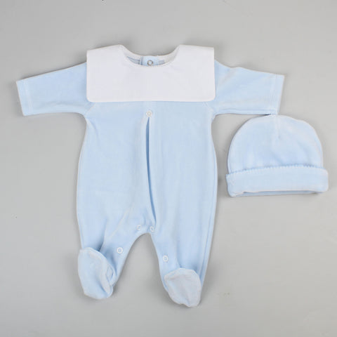 baby boys velour sleepsuit in blue with hat