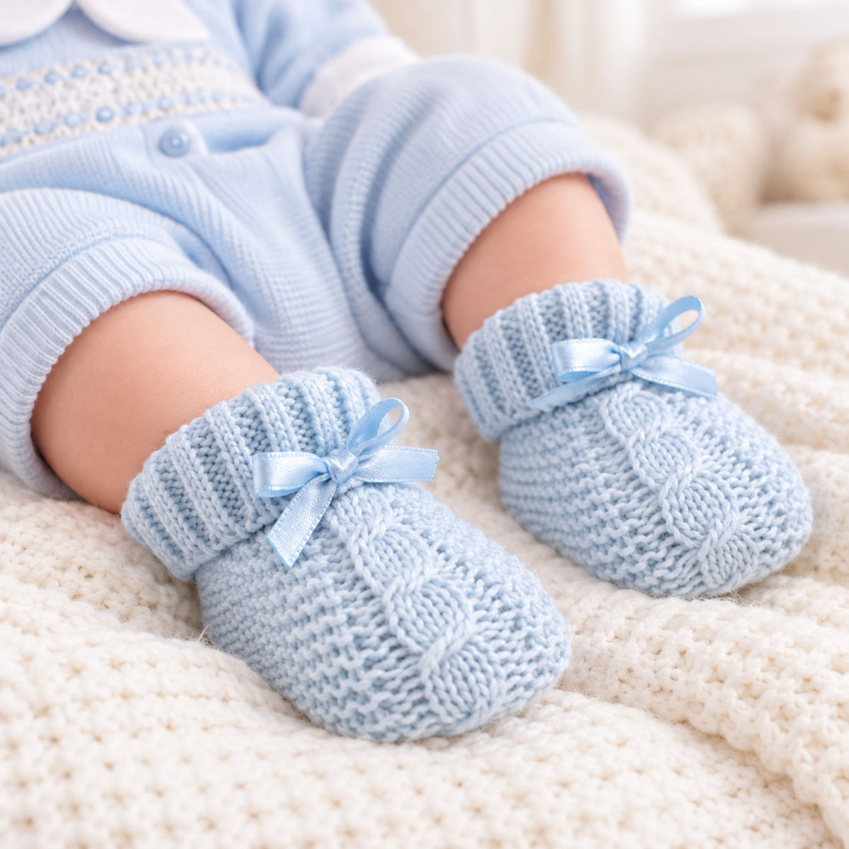 A close-up of a baby's feet wearing light blue cable-knit booties with matching ribbon bows, styled with a light blue knit outfit on a cream knit blanket.