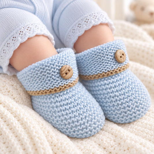Blue Baby Knitted Booties with Button - Newborn to 6 months