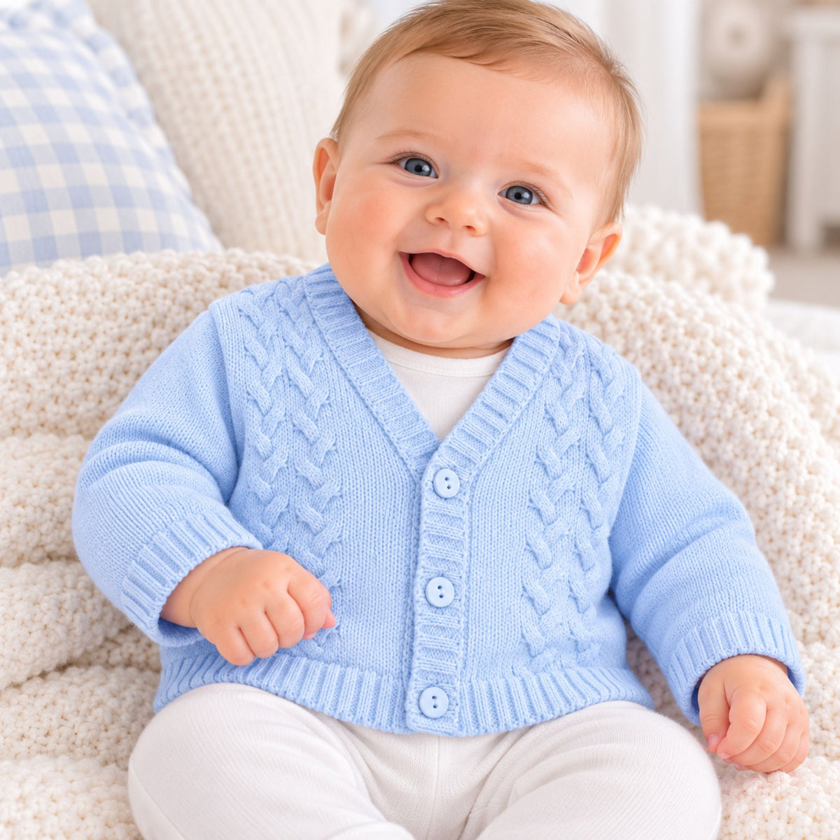 A smiling baby sitting on a cream knit blanket, wearing a light blue cable-knit cardigan over a white top and white pants.
