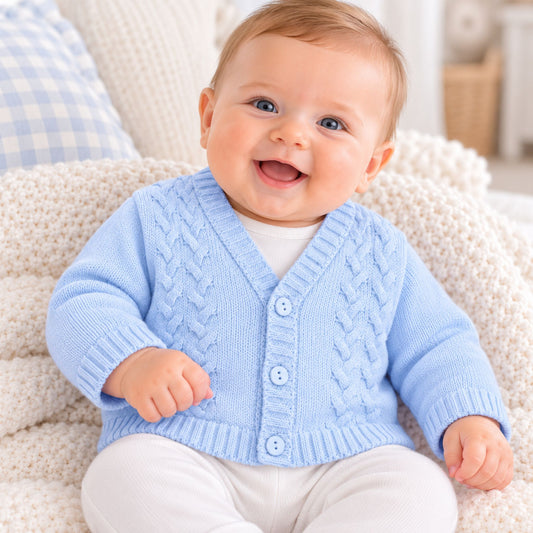 A smiling baby sitting on a cream knit blanket, wearing a light blue cable-knit cardigan over a white top and white pants.