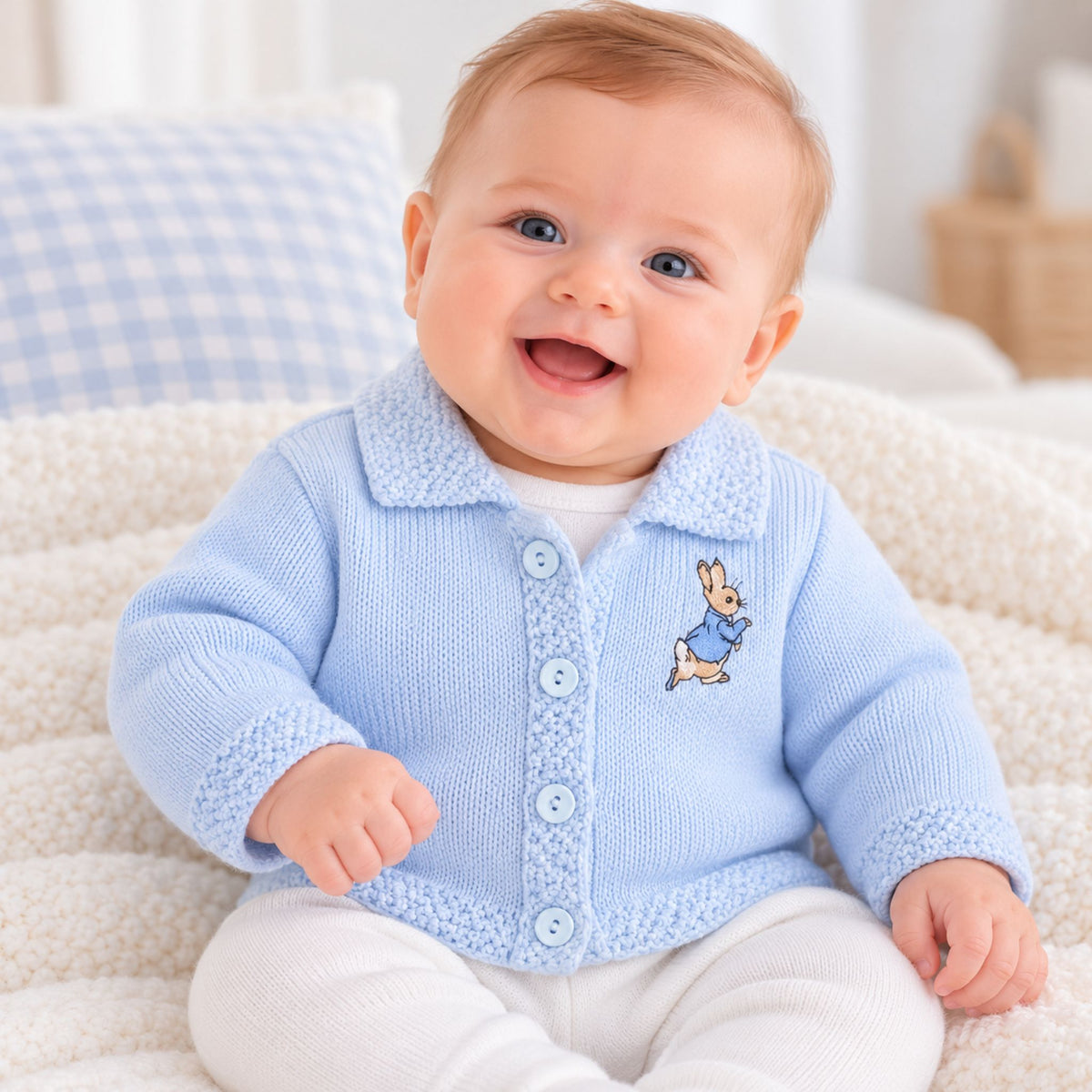 A smiling baby wearing a light blue knit cardigan with  Rabbit embroidered on the chest, sitting on a soft cream blanket.