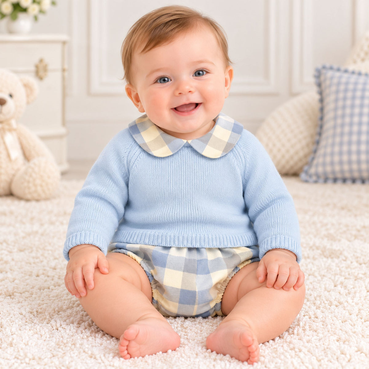 Baby Boys Blue Knitted Outfit with Checked Peter Pan Collar & Jam Pants