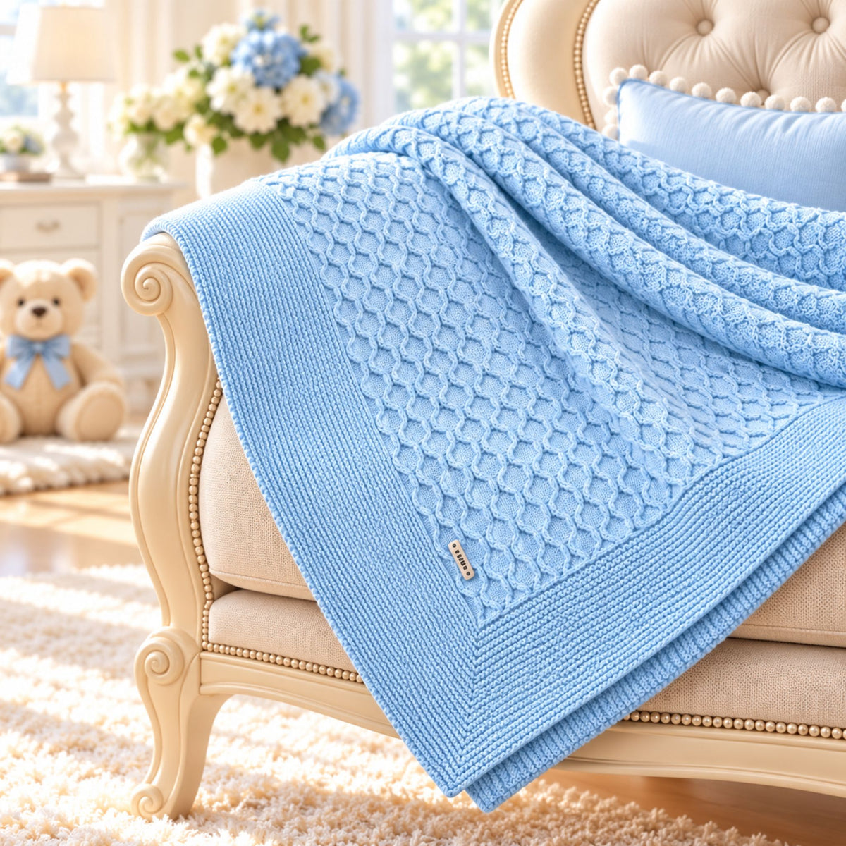 baby boys blue knitted shawl