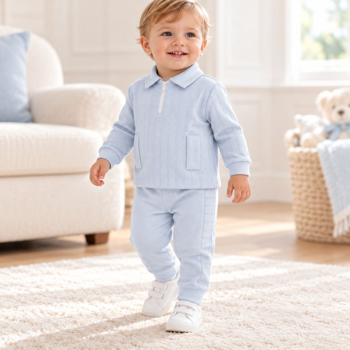 Baby Boys Blue Two Piece Outfit with Zip Collar Top & Trousers