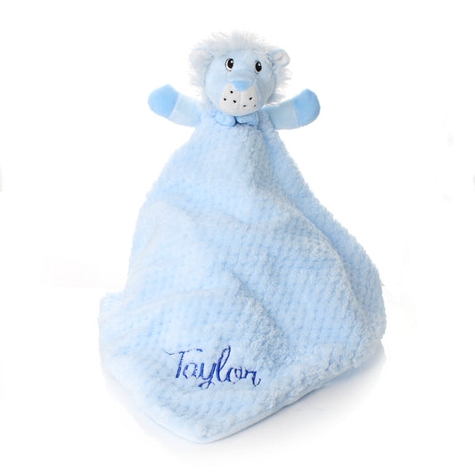 Personalised blue lion baby comforter with embroidered name in soft plush fabric