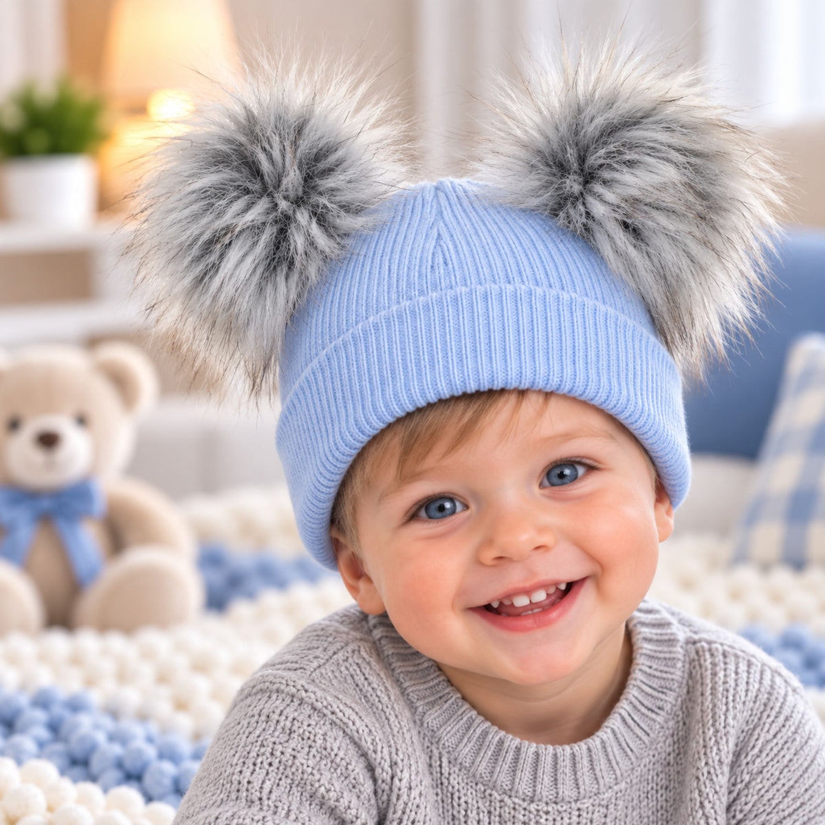 blue 6-12 month double pom hat
