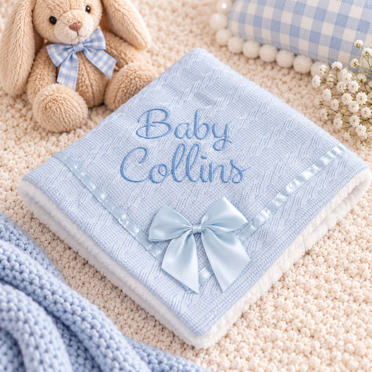Personalised Baby Blanket - Blue - Deluxe with Bow