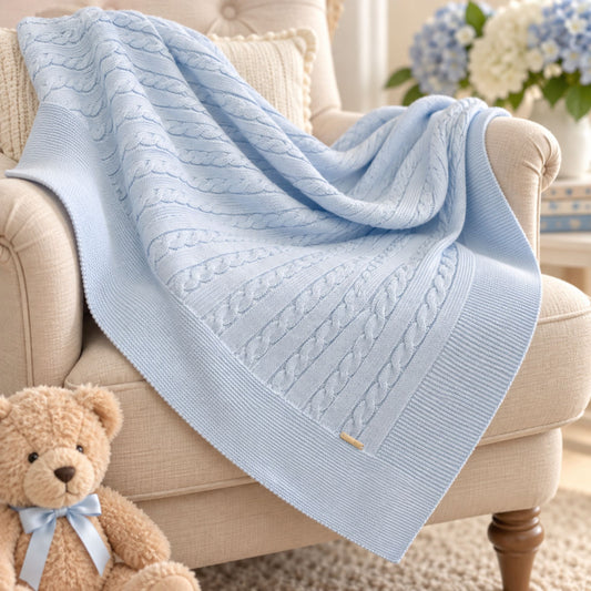 Baby blue cable knit baby shawl blanket 100 x 100cm made in Portugal