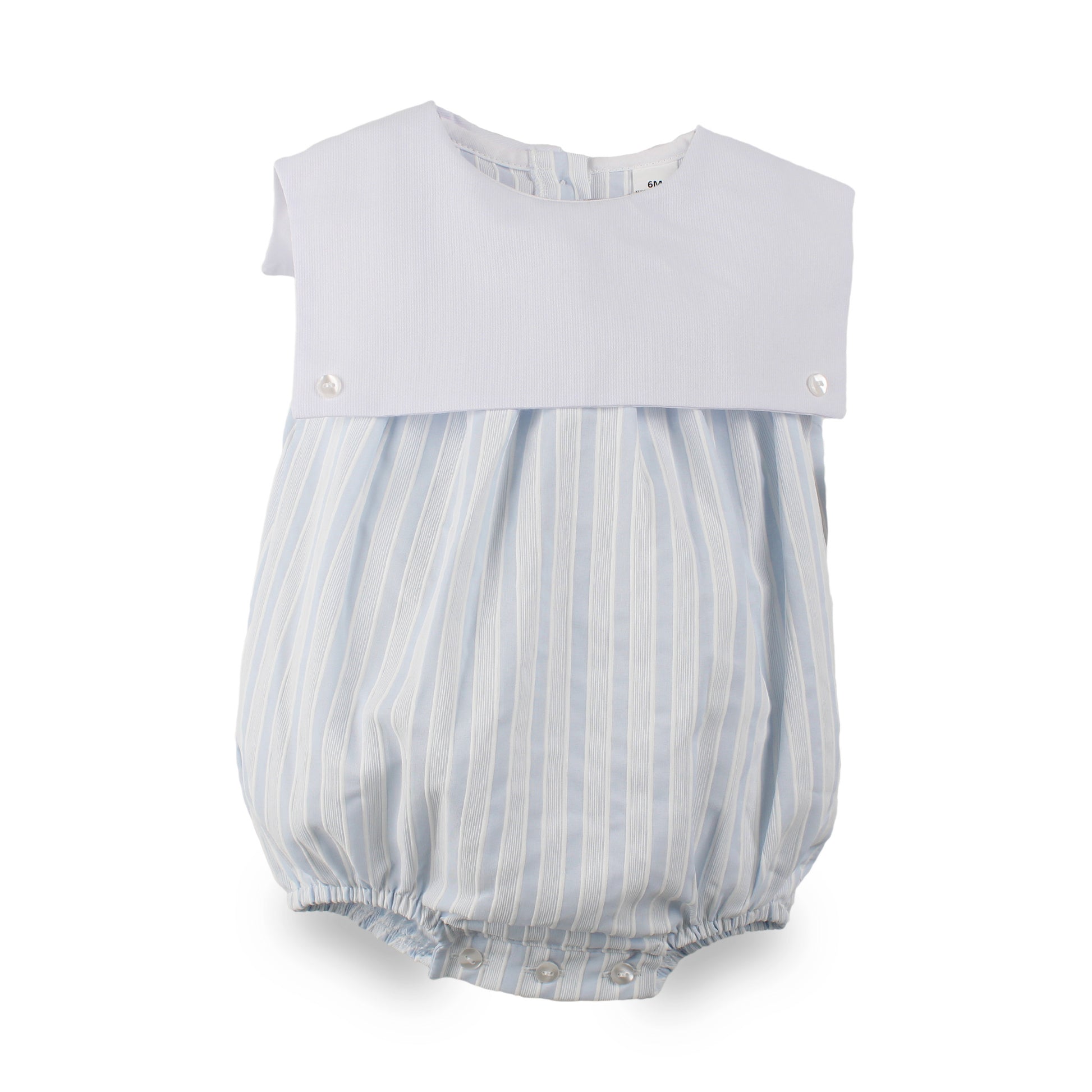 Baby boys blue and white striped bubble romper with white bib-style front, made in Portugal.